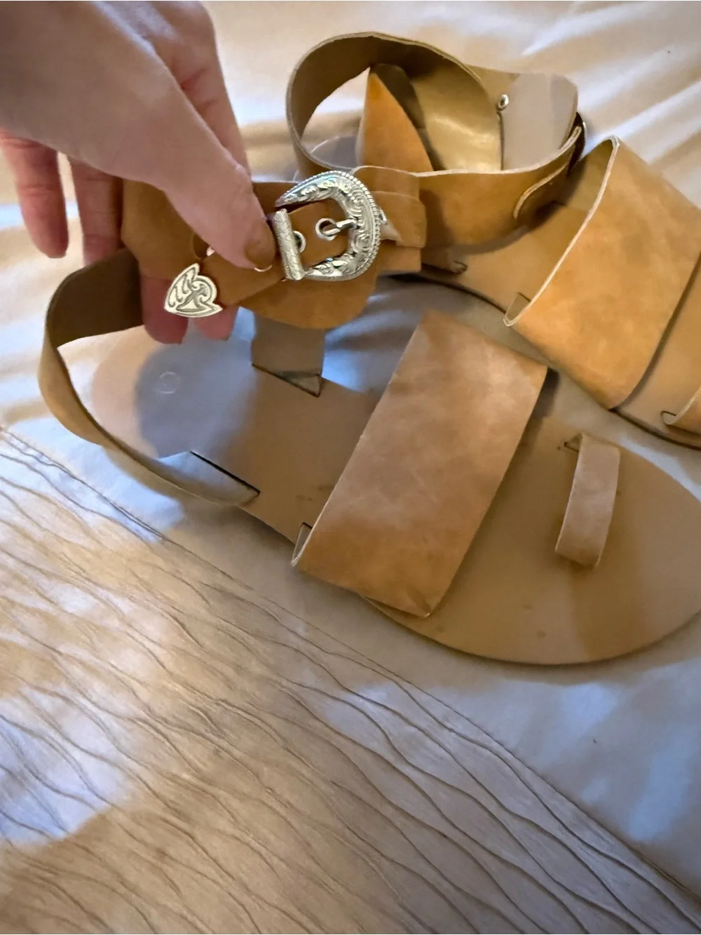 Womens Tan Strappy Buckle Sandals